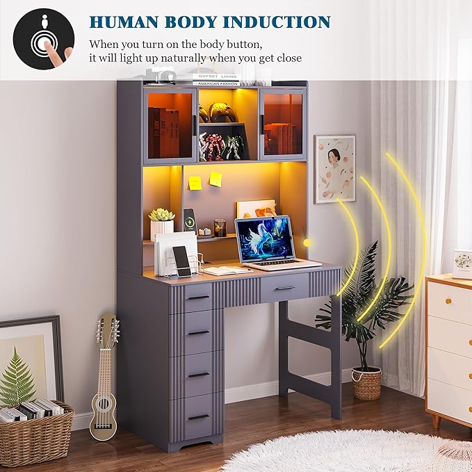 WOOVIVS LED Desk with Outlet Charging Station, Home Office Desk with LED Auto Lights, Computer Desk with Hutch and Drawer for Small Space, Workstation Writing Desk for Bedroom,Adjustable (Grey)