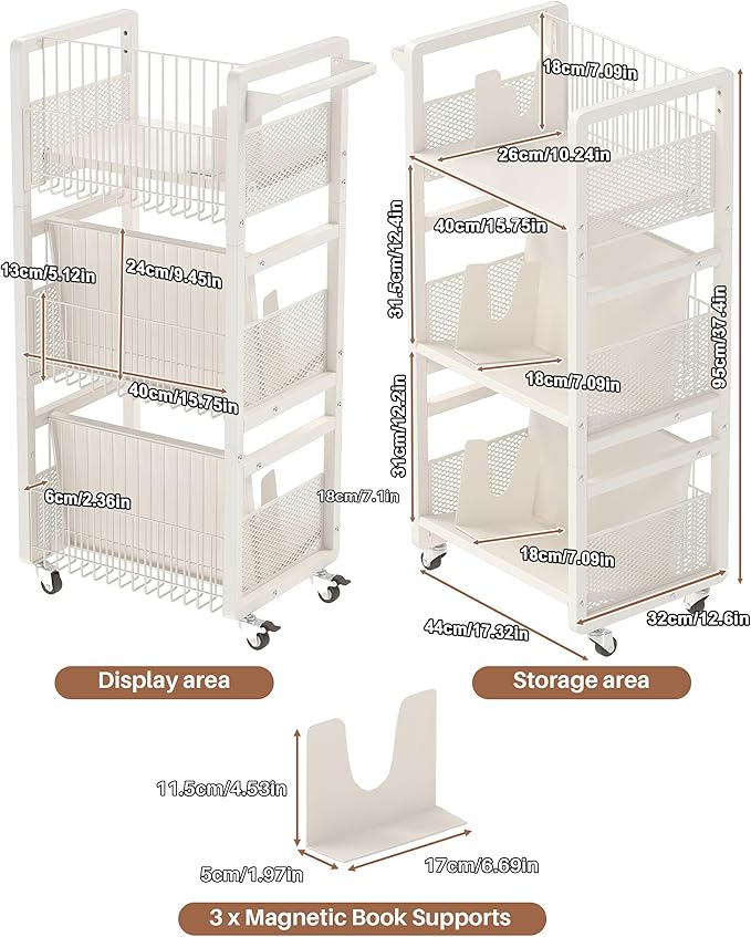 UMDONX Heavy-Duty Double-Sided Book Cart with Silent Wheels and 3 Magnetic Book Shelves, Rolling Book Shelf, Library Book Cart, Suitable for Home, Office, or School （White）