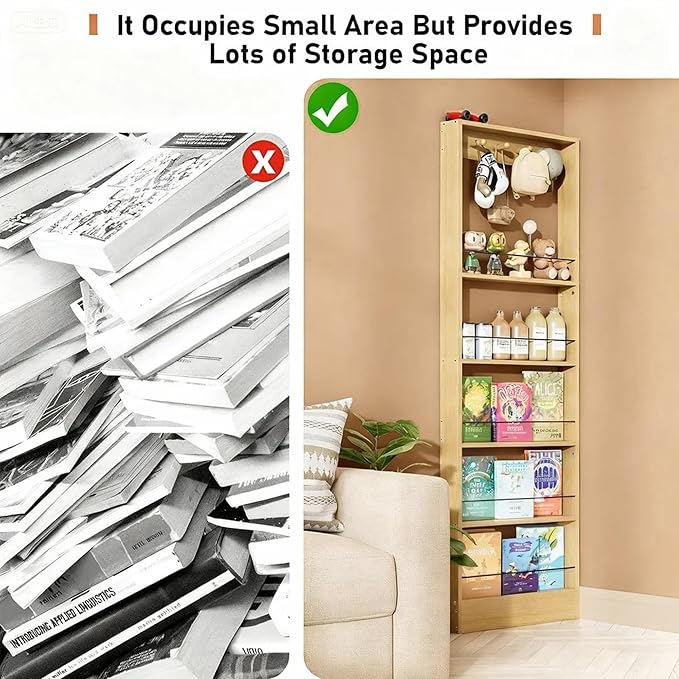 Behind The Door Bookshelf Kids,Wooden Behind Door Bookshelf, 5-Tier Bookcase Book Shelf Space-Saving Organizer Storage for Toys and Story Books Wall Mount Shelves with Hooks(Oak)