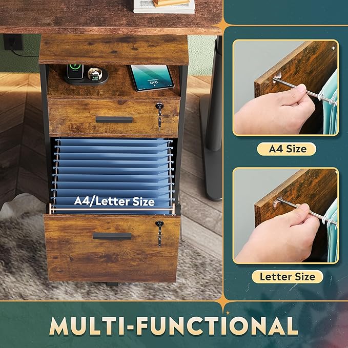 DEVAISE 2 Drawer File Cabinet with Lock, Charging Station & Adjustable Shelf, Rustic Wood Filing Cabinet, Mobile Printer Stand for A4/Letter Size Home Office, Brown
