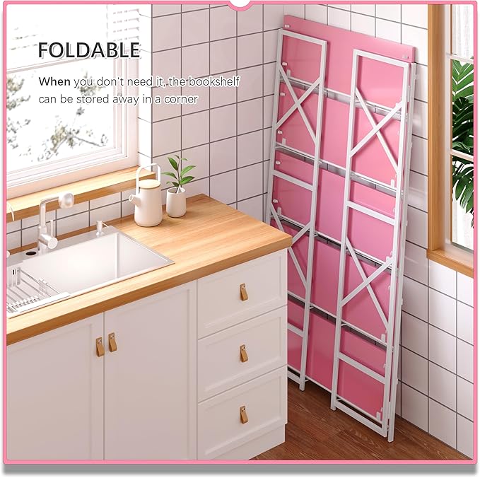4NM Extra Wide 5 Tiers No Assembly Book Shelves, 51.2" H Folding Bookshelf Bookcase Open Industrial Foldable Shelves for Bedroom, Living Room, Home Office - Pink White
