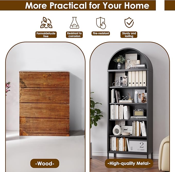 VEXPOR 73" Tall Arched Bookcase Cabinet, 6-Tiers Metal Black Arched Bookshelf for Home Office, Living Room, Assembly Required,13.78" D x 27.56" W x 72.83" H