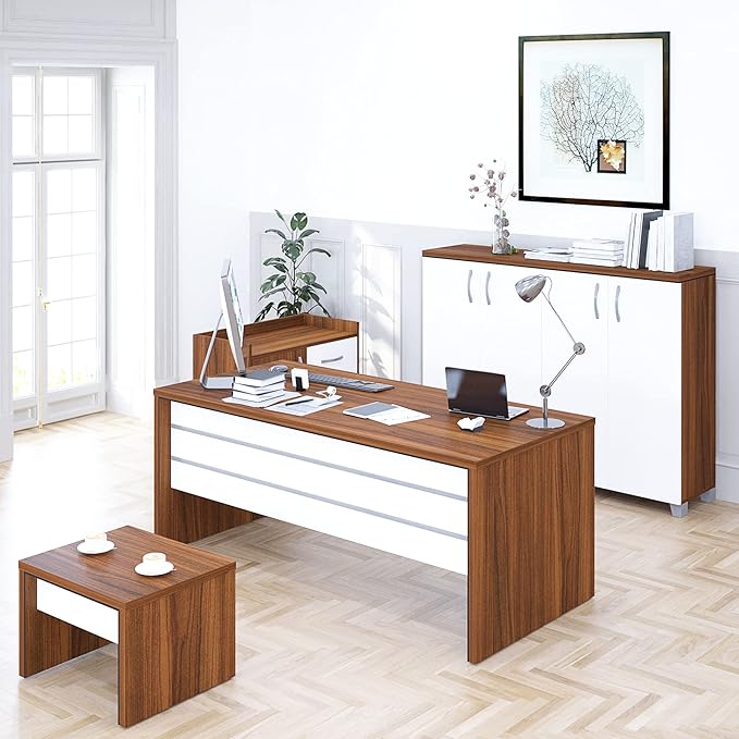 71" Wood Office Furniture Set of 4pcs | Modern Executive Desk | File Drawers w/Telescopic Rails | Large Storage Cabinet w/Chrome Handles | Coffee Table | Sturdy Home Workstation Suite