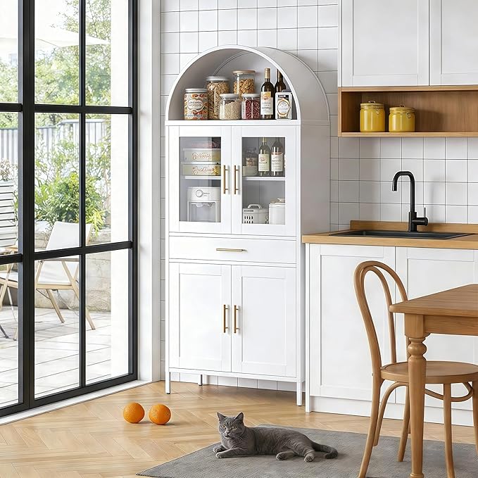 VEXPOR 73" Tall Arched Kitchen Pantry Cabinet with Doors, Metal Arched Hutch Cabinet with Drawer for Kitchen, Dining Room, Living Room, Assembly Required, White