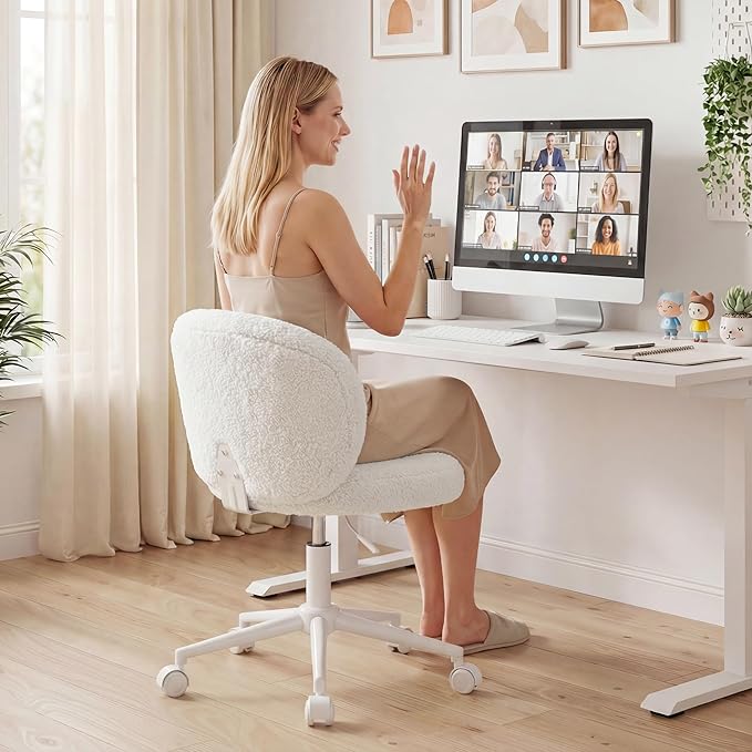 Homkdom Small Round Vanity Chair with Wheels, Armless Home Office Desk Chairs with Back, Height Adjustable & 360° Swivel, Cute Comfy Vanity Computer Chair for Bedroom, Home Office, White