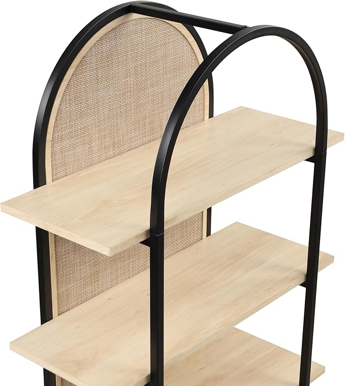 Nathan James Amara Bohemian 5-Shelf Etagere Bookcase, Rattan Open Bookshelf with Arch Top, Light Oak/Matte Black, Set of 4