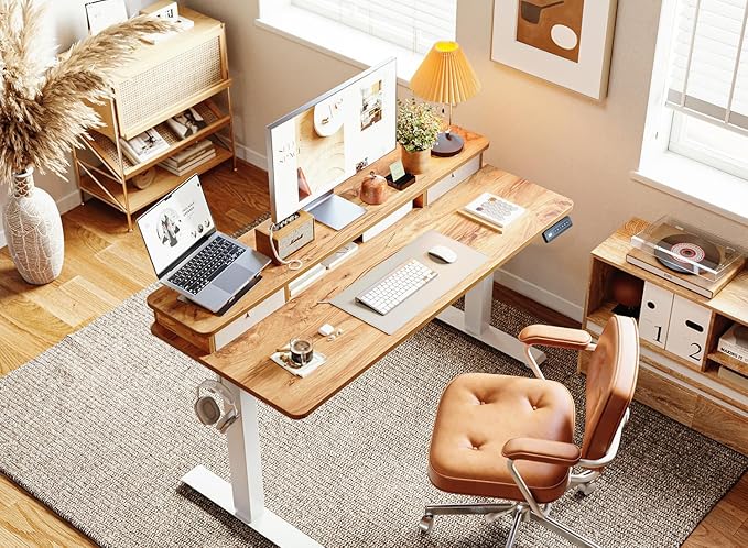 BANTI 48x24 Inch Electric Standing Desk with Dual Drawers, Height Adjustable Stand Up Table, Sit Stand Home Office Desk with Storage Shelf, White Frame/Light Rustic Brown Top