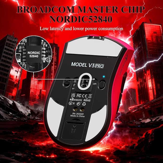 MAMBASNAKE ATTACK SHARK V3 PRO 62g Superlight Wireless Gaming Mouse,RGB Magnetic Charging Dock,BK52820 Tri-Mode BT/2.4G Wireless/Wired Mouse,25000DPI,500mAh,5 Programmable Buttons for Pc/Mac,Berry Red