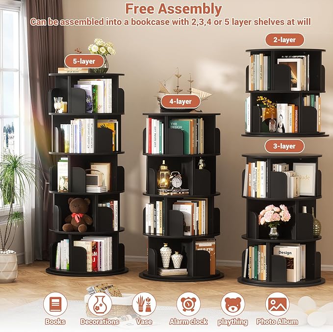 Besiost Rotating Bookshelf Tower, 5 Tier Spinning Bookcase, Revolving 360 Book Shelf Narrow Tall Bookcase, Vertical Turning Round Bookshelf Organizer, Wood Corner Book Shelf for Small Space, Black