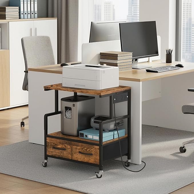 YATINEY Printer Stand, 3 Tier Printer Cart with Power Outlet and Fabric Drawers, Industrial Mobile Printer Table on Wheels, Printer Stand with Storage for Home Office, Study, Living Room PS03BR