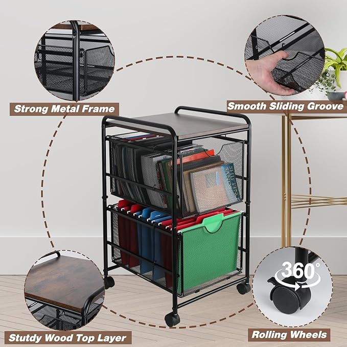 EasyPAG Rolling File Cart with 2 Drawers, Under Desk File Cabinet on Lockable Wheels, Hanging Folder Organizer with Wooden Printer Stand for Home Office