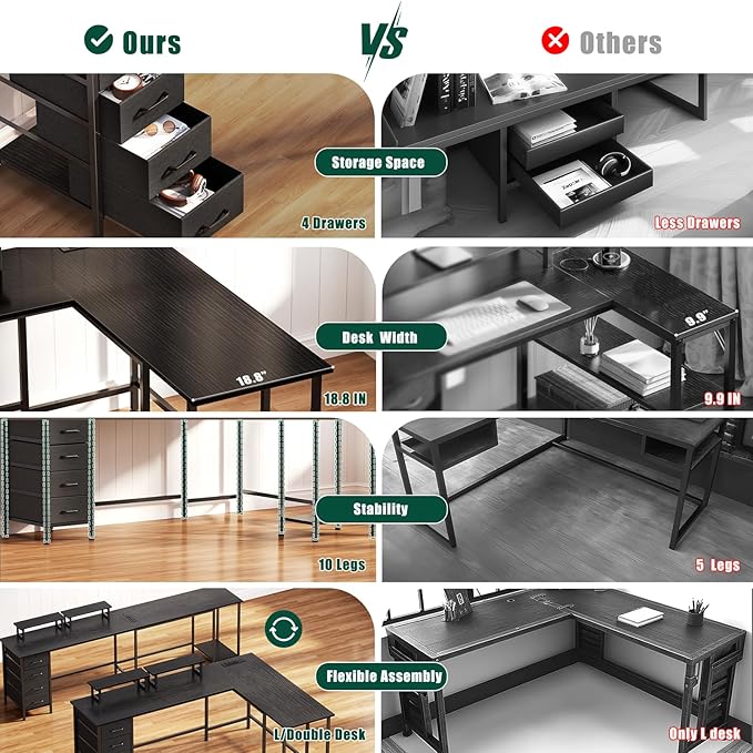 Korfile 66" L Shaped Computer Desk, 94.4'' Home Office Desk with Power Outlets, 4 Adjustable Storage Drawers & 2 Monitor Stands, Large Two Person Gaming Table for Writing Study, Black
