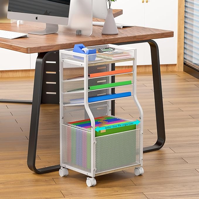 5-Tier Rolling File Cart with Lockable Wheels, Mobile Desk File Organizer Hanging File Folders Paper Letter Sliding Trays, White Wood & Mesh Hanging Folder Drawer Organization for Office, Home, School