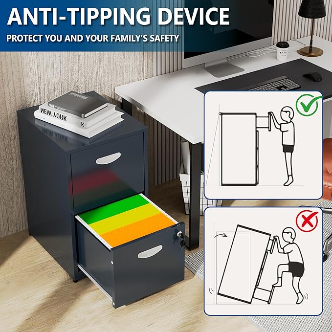 Polup 2 Drawer File Cabinet with Lock, Small Filing Cabinet for Home Office, Metal File Cabinet with Drawers for Under Desk, Blue, Assembly Required