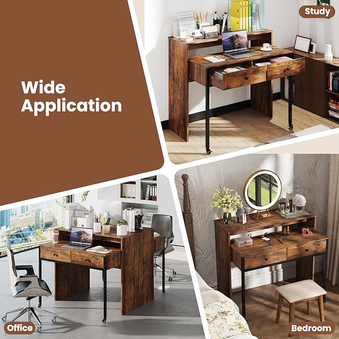 Giantex Small Computer Desk with Hutch & Drawers, Extendable Writing Desk w/Pull Out Secondary Table, Monitor Stand & Rolling Wheels, Console Table, Compact Desk for Small Spaces (Rustic Brown)