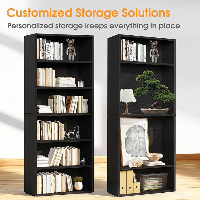Sweetcrispy Industrial 6 Shelf Bookcase - Large 63 Inch Tall Floor Standing Open Bookshelf for Home Office, Living Room, and Bedroom Storage, Classic Black