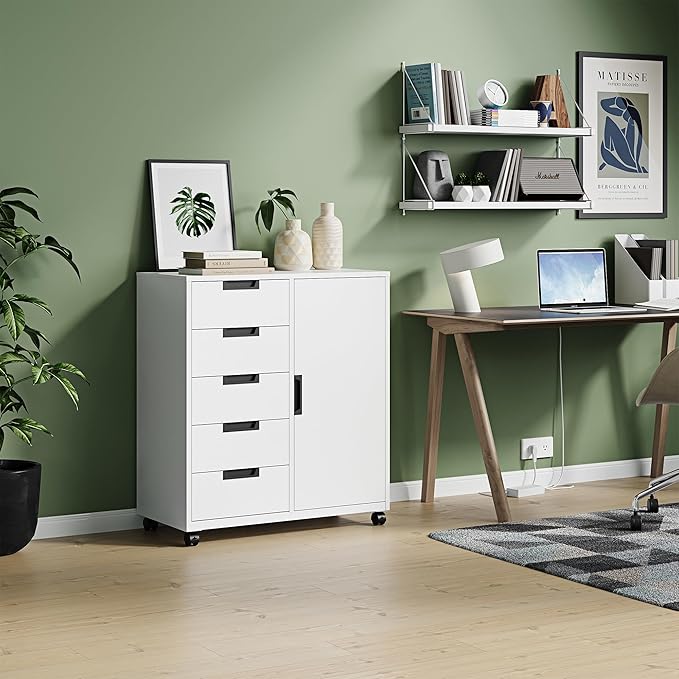 Letaya 5 Drawer Storage Cabinet, Mobile Printer Stand for Home Office,Dresser Chest with Shelves and Door(White)