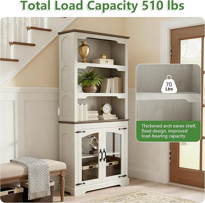 70 Inches Farmhouse Bookcase Bookshelf, Two-Tone Shelves, 5 Tier Bookshelf with Glass Door Storage Arched Trim, Home Office Living Room Storage Cabinet Unit (Distressed White & Walnut, Glass Doors)