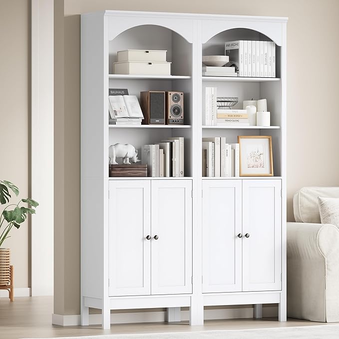 Bookshelf with Doors, 71" Tall Wood Book Shelf with Cabinet, 24" Wide Arched Bookcase with Adjustable Shelf, Floor Standing Display Storage Cabinet for Home Office, Study and Living Room, Modern White