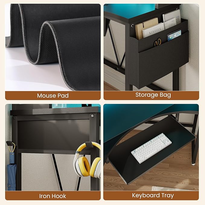 SEDETA Corner Desk, Small Computer Desk with Hutch & LED Lights, Triangle Corner Gaming Computer Desk with Keyboard Tray, Storage Bag, and Headphone Hook for Small Space, Home Office Desk, Black