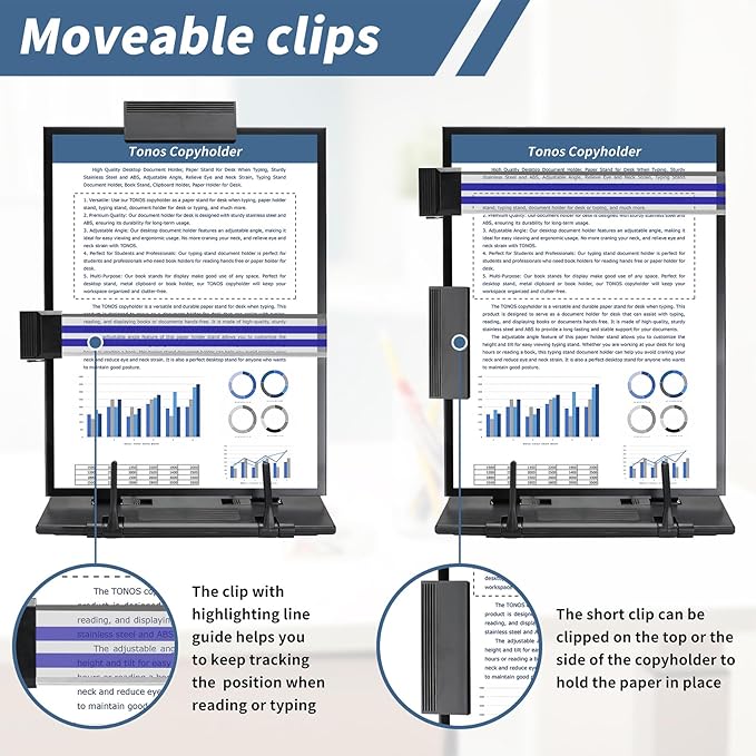 TONOS Paper Stand Document Holder - 2PC Quality Document Holder for Desk, Paper Stand for Desk When Typing, Sturdy Stainless Steel Copy Holder, Adjustable Angle, Paper Holder Stand for Desk Typing