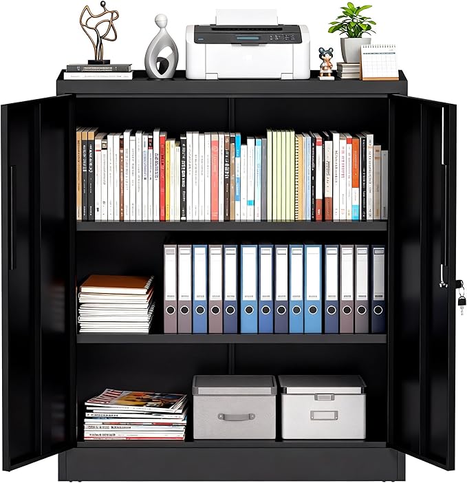 Metal Storage Cabinet, 35" Garage Storage Cabinet with 2 Adjustable Shelves & Lockable Doors, Black Garage Cabinets for Office, Home, Garage, Gym, School