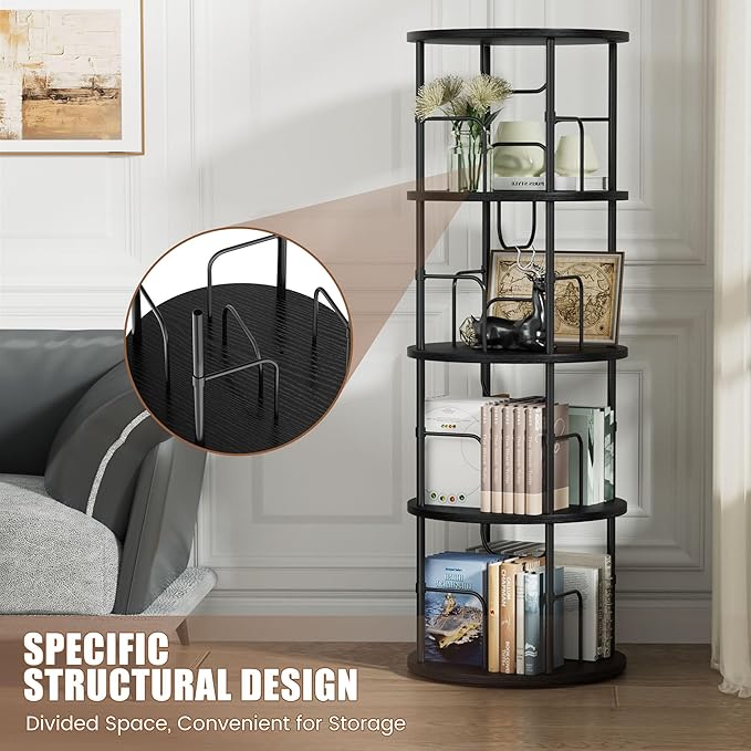 Flycity 4 Tier Rotating Bookshelf, 360° Corner Bookshelf Tower, Round Revolving Bookcase with Special Visible Partition Storage, Narrow Book Shelf Organizer for Living Room, Small Space, Black