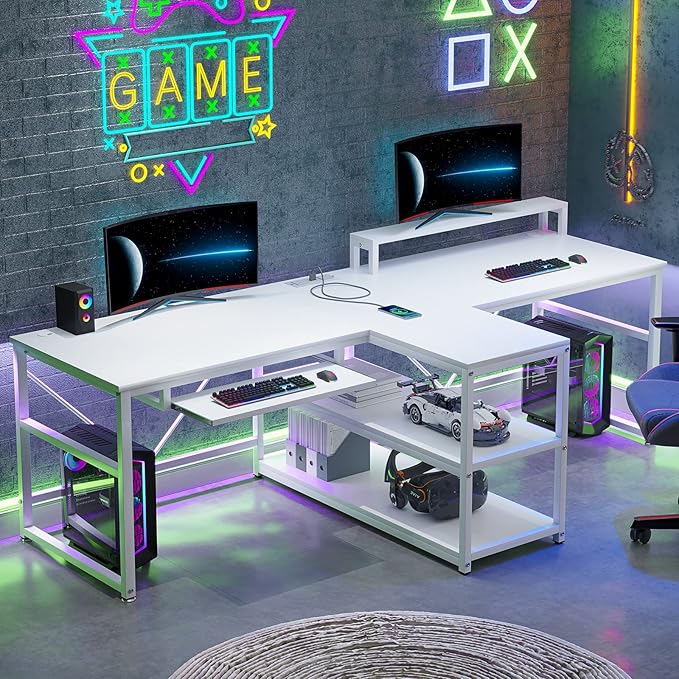 SEDETA 94.5" White Computer Desk, Two Person Gaming Desk with LED Light, Keyboard Tray, Power Strip with USB, Monitor Shelf & Storage, Extra Long Double Desk for Home Office, White