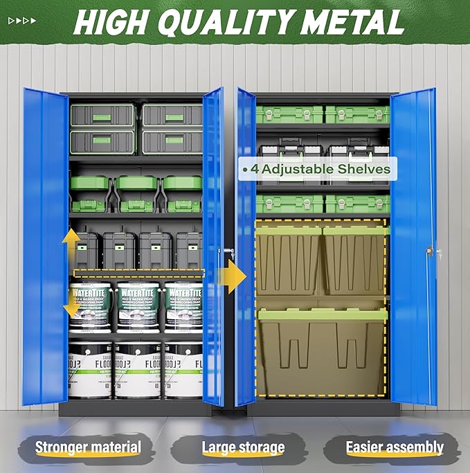 Greenvelly Metal Storage Cabinet, 72" Steel Garage Cabinet with Doors and Adjustable Shelves, Metal Cabinet with Lock,Tall Metal Office Storage Cabinet for Garage,Home Office,School (Black Blue)