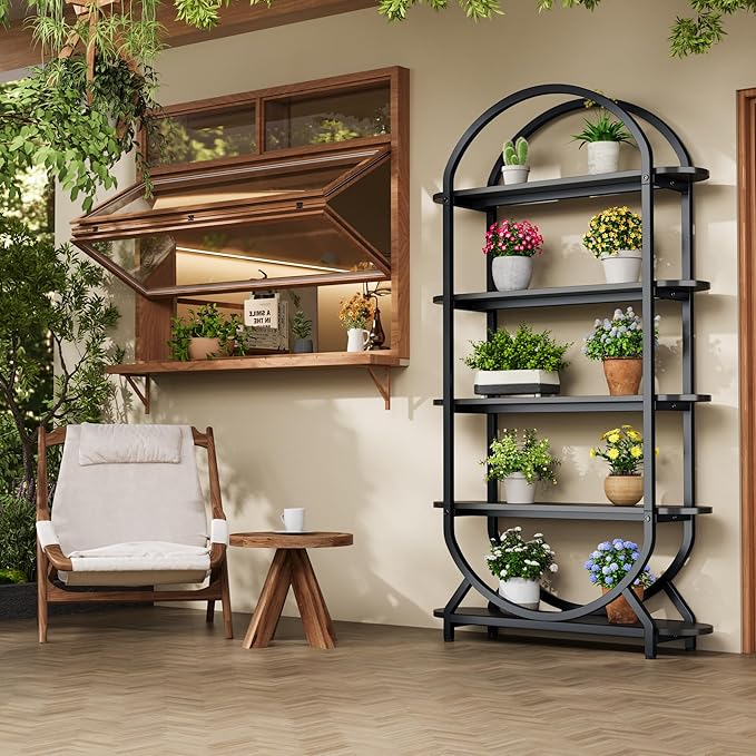 Jehiatek Arched Bookshelf Bookcase, 71 Inches Tall Industrial Book Shelf with Sturdy Metal Frame, E1 Quality Boards, Freestanding Display Shelving Unit, Black