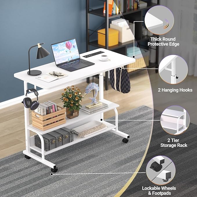 Armocity Rolling Standing Desk with Power Outlets, 32" Manual Height Adjustable Mobile Computer Desk with Wheels, Small Portable Sit Stand Laptop Couch Table for Bed & Sofa Home Office, Whtie