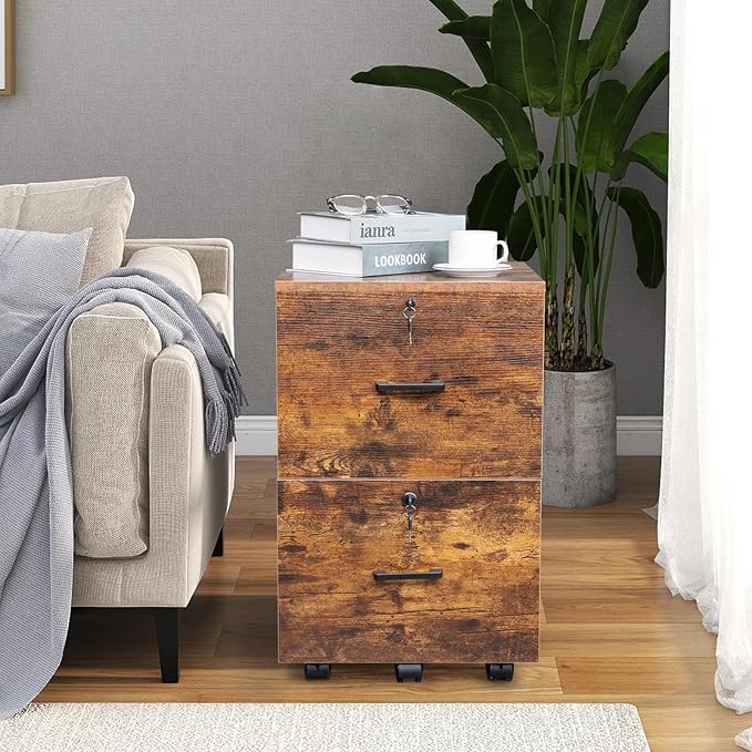 VINGLI 2-Drawer Small Rolling File Cabinet with Lock, Wood Filing Cabinet for Hanging Letter Size Filings with Tabs, Mobile Under Desk File Cabinets for Home Office, Rustic Brown, 27.2" H