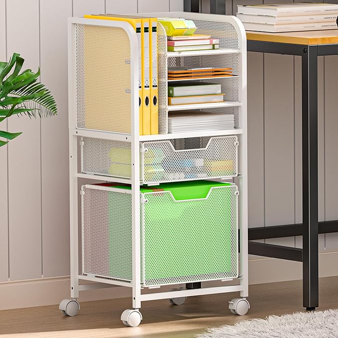 Feyejade Rolling File Cart with 2 Drawers, White File Cabinet Organizer for Hanging File Folders, Letter-Size File Storage with Wheels, Multi-Layer Mobile Filing Cabinet for Office and Home, White