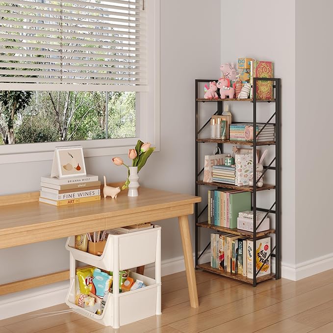 JSB No Assembly Folding Bookshelf, 5 Tier Industrial Metal Book Shelf for Storage, Vintage Wood Foldable Bookcase for Living Room, Bedroom, Office Organization Shelves
