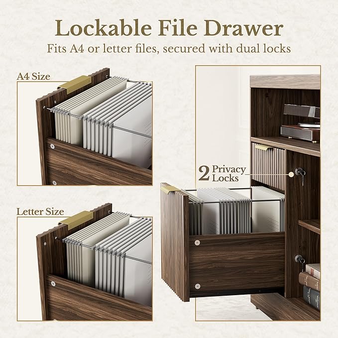 Home Office Furniture Set, 67'' Standing Desk with 44'' Bookshelf, Electric Height Adjustable Desk with 2 File Cabinet, AC/USB and Bookcase with 3 Drawers, Fluted Style Black Walnut