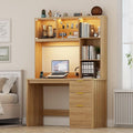 Lvifur LED Study Desk with Hutch & Storage Cabinet, 47" Home Office Desk with Outlet and 3 Color LED, Writing Desk for Bedroom, Computer Desks for Studyroom, Ideal for Office Set, Natural