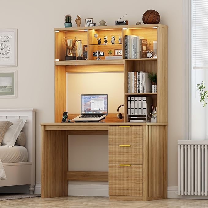 Lvifur LED Study Desk with Hutch & Storage Cabinet, 47" Home Office Desk with Outlet and 3 Color LED, Writing Desk for Bedroom, Computer Desks for Studyroom, Ideal for Office Set, Natural