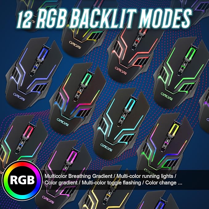 CHONCHOW Wireless Gaming Mouse for PC, RGB Backlit, 12 Light Modes, 2.4G Receiver/USB-C, Up to 3200 DPI, Rechargeable Wireless Computer Mice with 58inch Charge Cable for Laptop/Windows/PS4 Gamer-Black