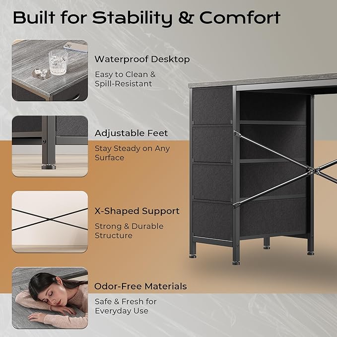 Huuger 55 Inch L Shaped Desk with Fabric Drawers, Reversible Computer Gaming Desk with Power Outlets and USB-C Port, Adjustable Side Storage Shelves, for Work Study Corner Home Office, Grey