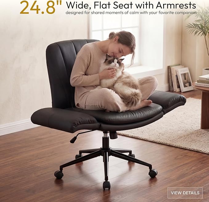 Dowinx Criss Cross Chair with Five-Level Adjustable Arms and Wheels - Comfortable Ergonomic PU Leather Swivel Vanity Chair - Computer Makeup Gaming Chair for Home Office, Bedroom, Living Room (Black)