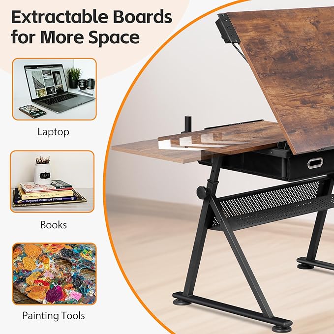 HomGarden Height Adjustable Drafting Desk Drawing Table Art Craft Work Station w/Stool, Power Outlet and Storage Drawers for Home Office Study Room, Rustic Brown