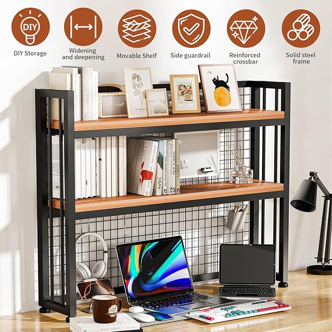 Desktop Hutch Bookshelf Metal Desk Shelf, 2-Tier Storage Display Shelf for Computer Desk, Multifunctional Freestanding Storage Rack Display Shelf for Office, Home Decor, Kitchen (45.2*35*9.44 IN)