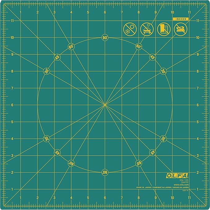OLFA 12" x 12" Rotating Cutting Mat (RM-12S) - Self Healing 12x12 Inch Square Rotary Mat with Grid for Fabric, Sewing, Quilting, & Crafts, Rotates 360 Degrees, Use with Rotary Cutters (Green)