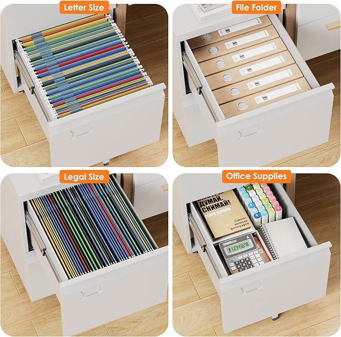 Reemoon File Cabinet 2 Drawer, Locking Filing Cabinet with Business Card Slot for Letter/Legal/F4/A4 Size Folders,Required Assembly,14.57" W x 17.36" D x 25.79" H,White