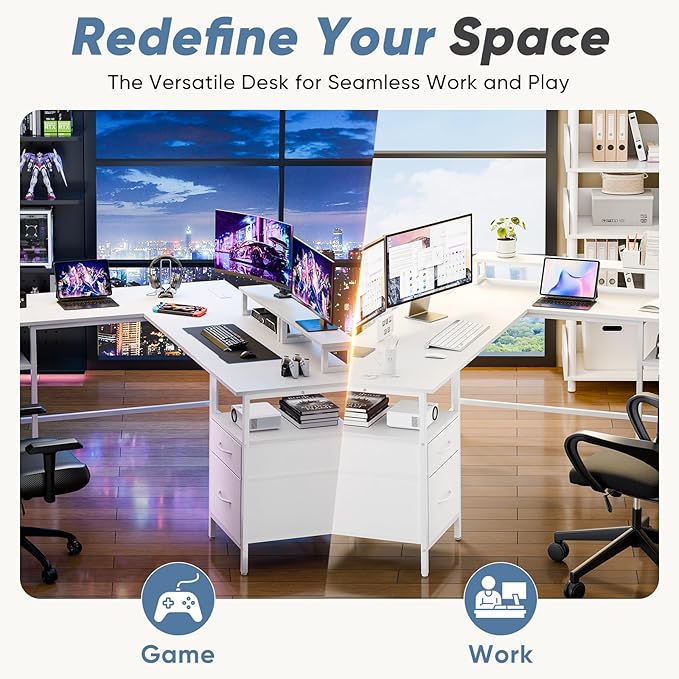 DUMOS 62 Inch L Shaped Gaming Desk with Charging Station & 2 Monitor Stands, Computer Desk with Drawer & Adjustable Storage Shelves, Large Corner Desk for Home Office, White