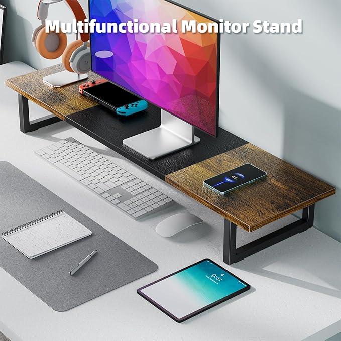 Simple Trending Desk Organizers and Accessories, Dual Monitor Stand Riser, Desk Shelf Wood Computer Rack for 2 Monitors