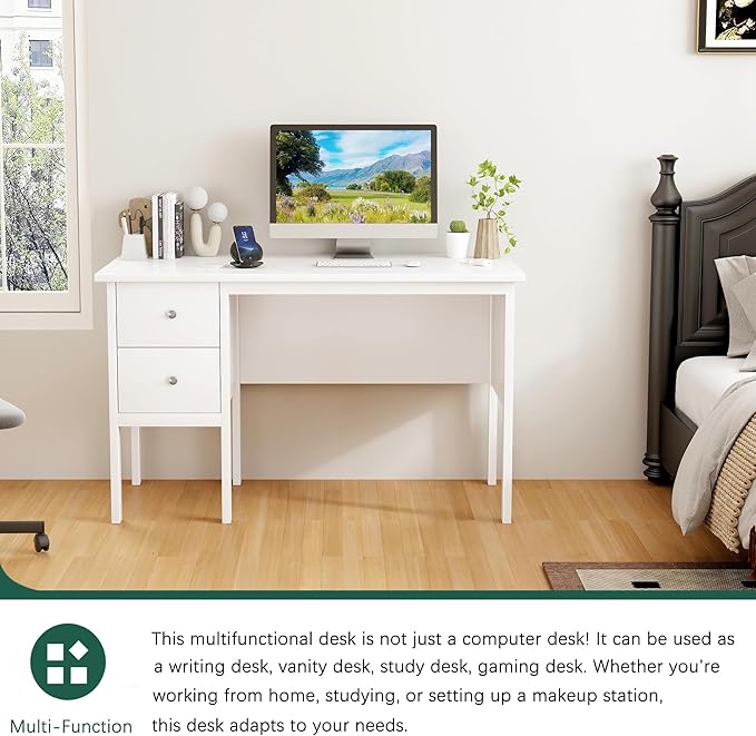 BHG Computer Desk with Drawers,Modern White Home Office Desk with Storage Filing Cabinet, Vanity Desk Makeup Dressing Table for Bedroom,Small Writing Table PC Desks for Study(White, 43.3")