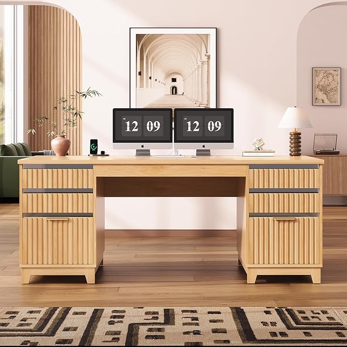 SEDETA 55.1" Fluted Office Desk with 6 Drawers, Modern Executive Desk with Acrylic File Drawers, Computer Desk with Power outlets for Home Office and Study, Natrual