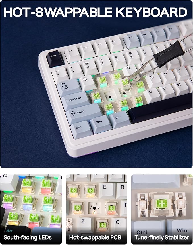 EPOMAKER EA75 75% RGB Gaming Mechanical Keyboard, 2.4GHz/Type-C/BT Creamy Wireless Keyboard with Knob, Shine Through PBT Keycaps, Hot Swappable for Gamers (Light Blue, Reaper Switch)