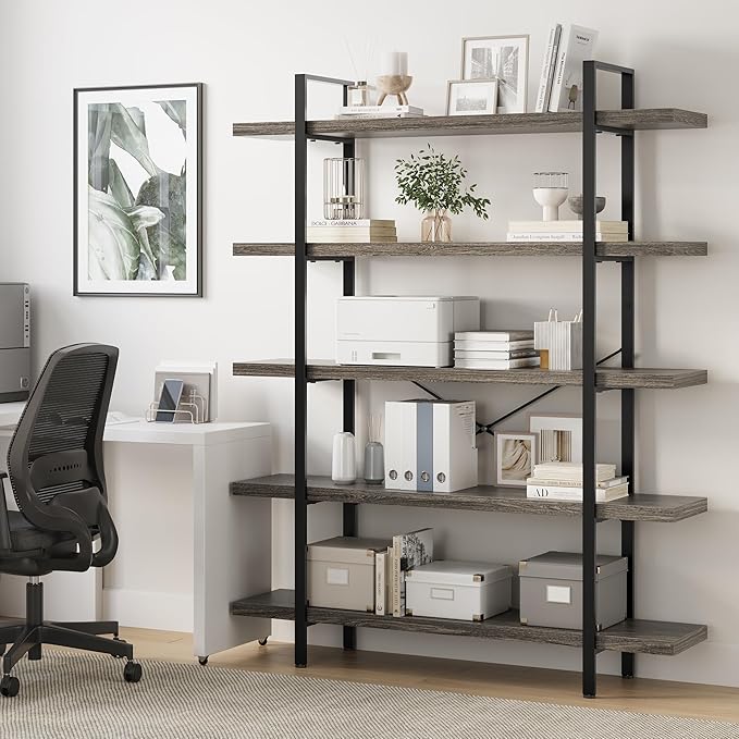 OtterOasis Heavy Duty 5-Tier Industrial Bookcase, 47" Wide Wood Bookshelf for Home Office, 120lbs Shelf Capacity, Rustic Shelving Display with Reinforced Horizontal Shelf for Living Room Bedroom,Grey